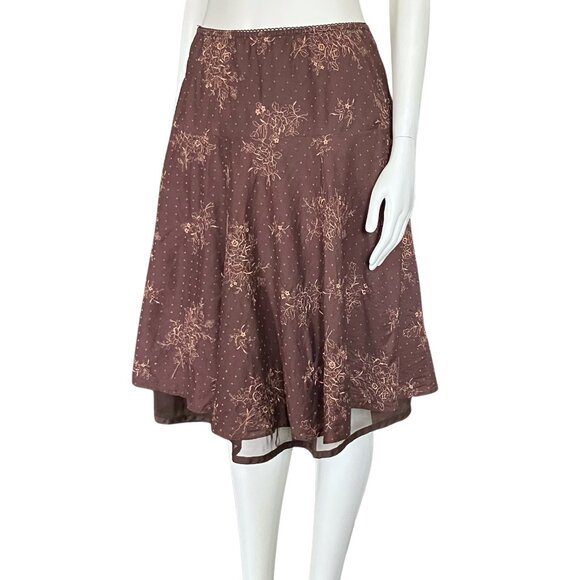 Vintage Y2K 100% Cotton Brown Embroidered Floral Midi Skirt Boho Girlhood XS/S - Picture 3 of 10